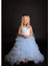 Sky Blue Satin Tulle Ruffled V Back Flower Girl Dress